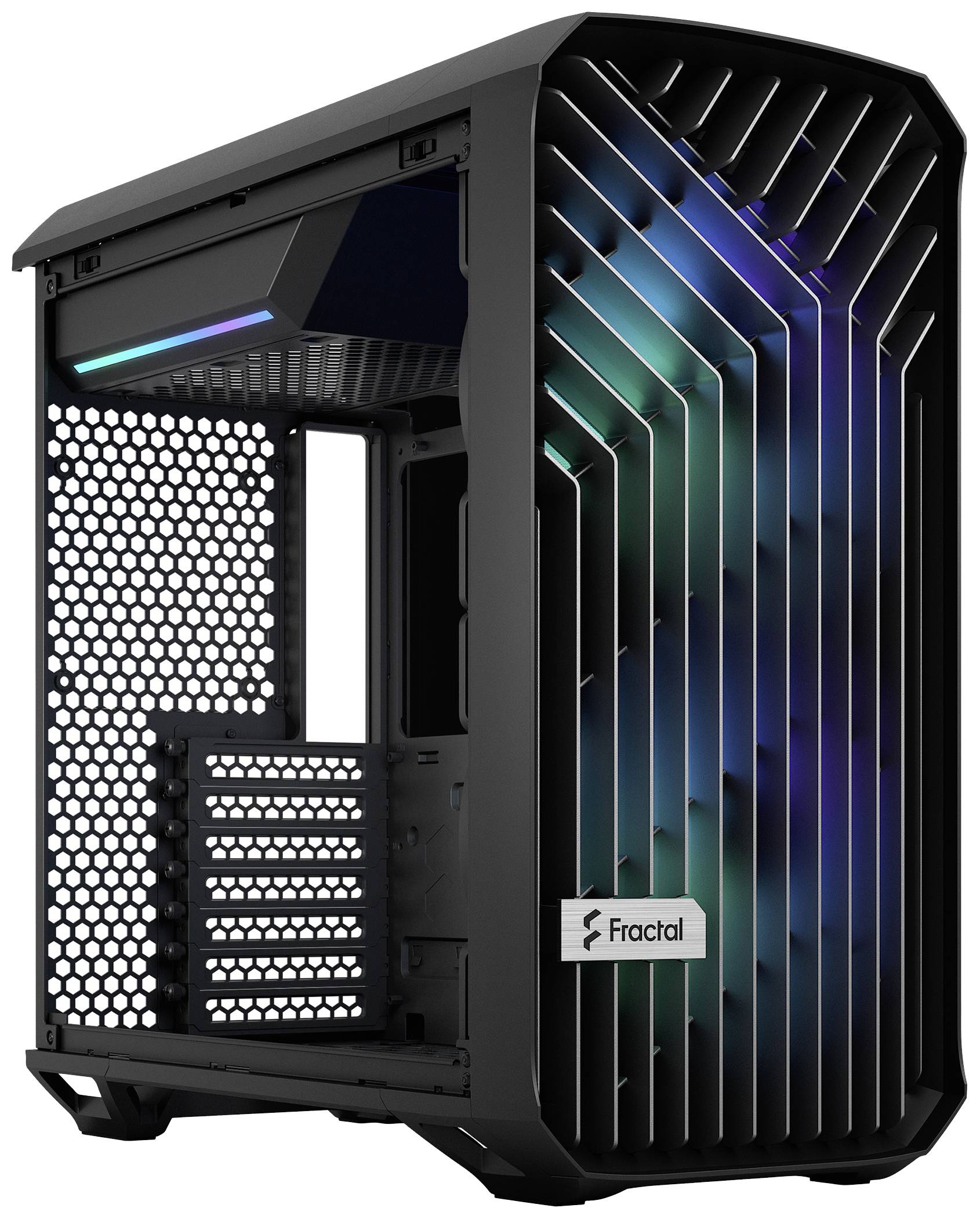 Gehäuse eines Desktop-PCs mit beleuchteter Front und seitlicher Netzstruktur für Belüftung. Markenlogo 'Fractal' sichtbar.