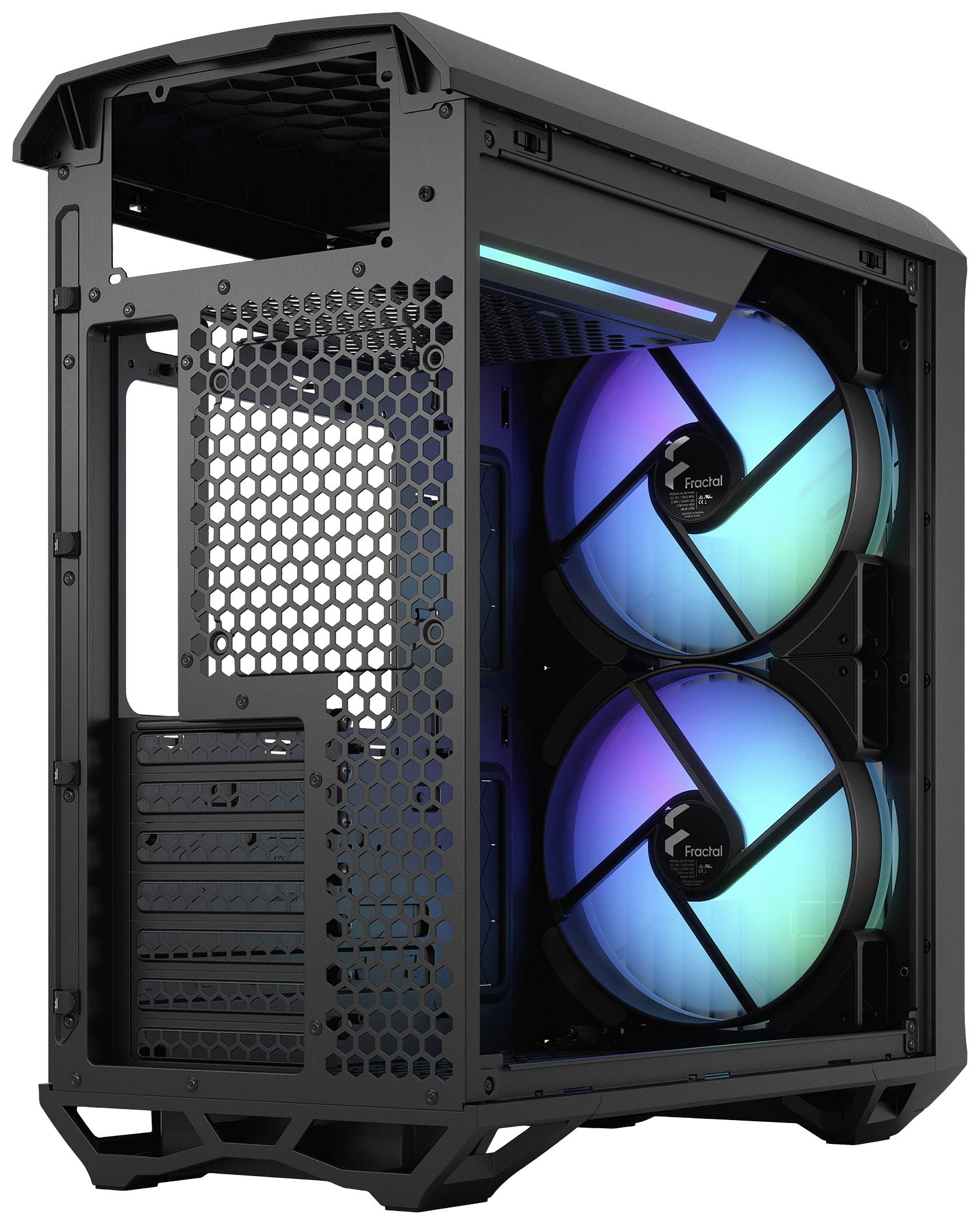 Ein offenes Computergehäuse mit zwei großen, blau leuchtenden Lüftern an der Vorderseite. Das Gehäuse hat ein wabenförmiges Muster.