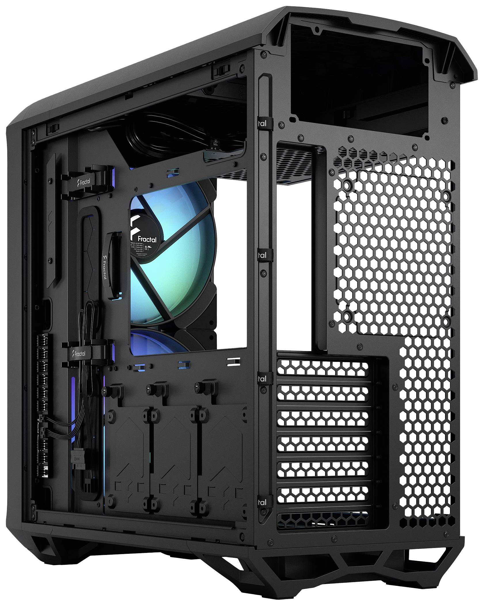 Ein offenes Computergehäuse mit sichtbarem Lüfter und Kabelmanagement. Ideal für PC-Enthusiasten und Computerbauer.