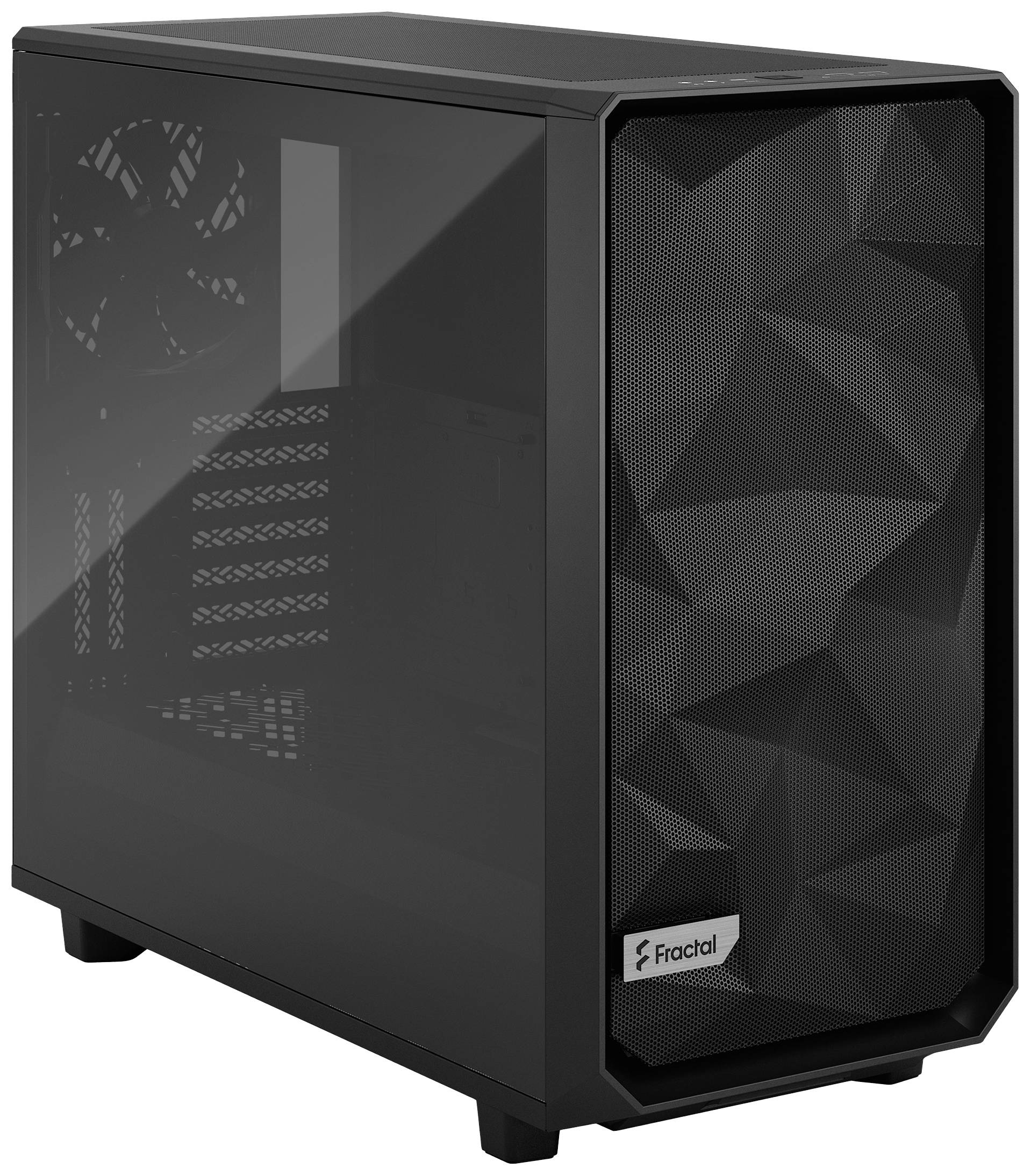 Schwarzes Computergehäuse mit geometrischem Muster auf der Frontabdeckung und transparentem Seitenfenster; Marke 'Fractal'.