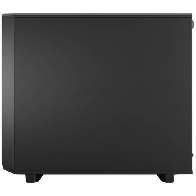 Schwarzes Computergehäuse, seitliche Ansicht, rechteckig mit abgerundeten Kanten, ohne sichtbare Anschlüsse oder Details.