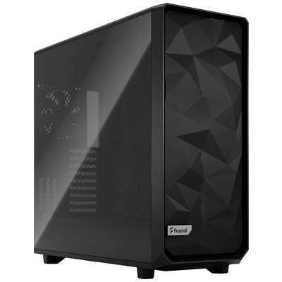 Schwarzes Computergehäuse mit elegantem Design und diamantförmiger Frontblende, Seitenfenster zeigt internes Layout. Geeignet für PC-Bau.