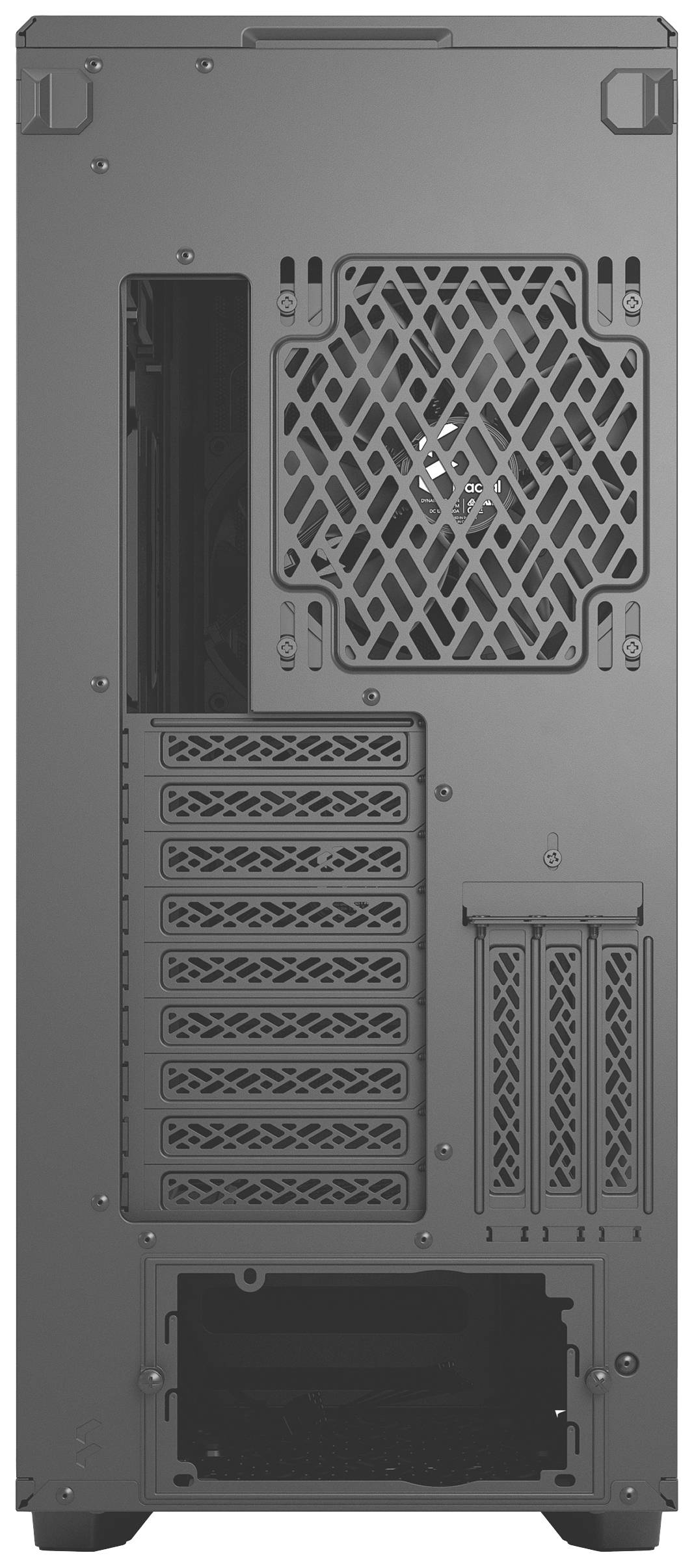 Die Rückseite eines Computergehäuses mit Lüftungsgitter, Erweiterungssteckplätzen und Anschlüssen.