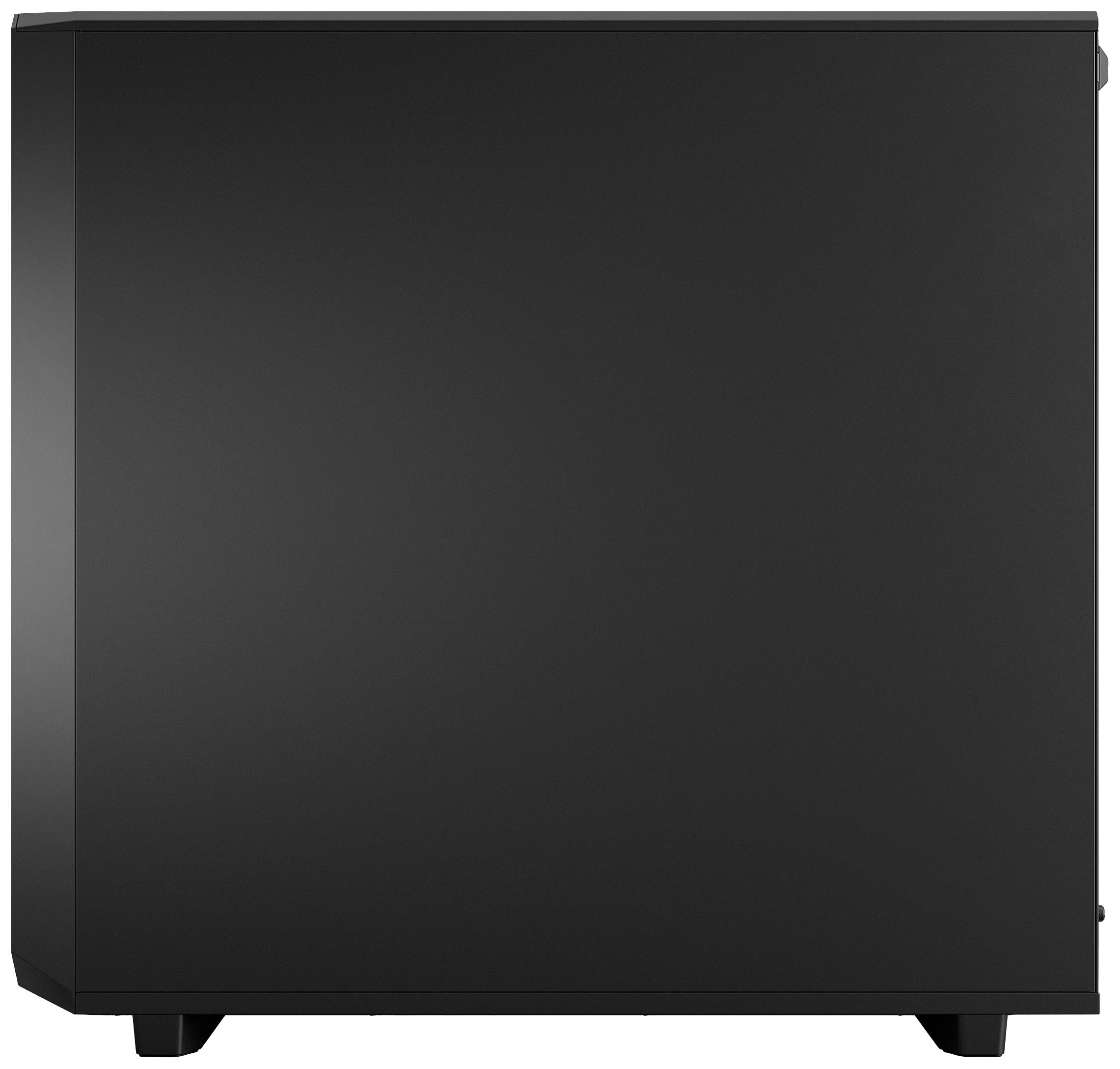 Schwarzes, rechteckiges Computergehäuse, Seitenansicht, ohne sichtbare Anschlüsse oder Bedienelemente, auf hellem Hintergrund.