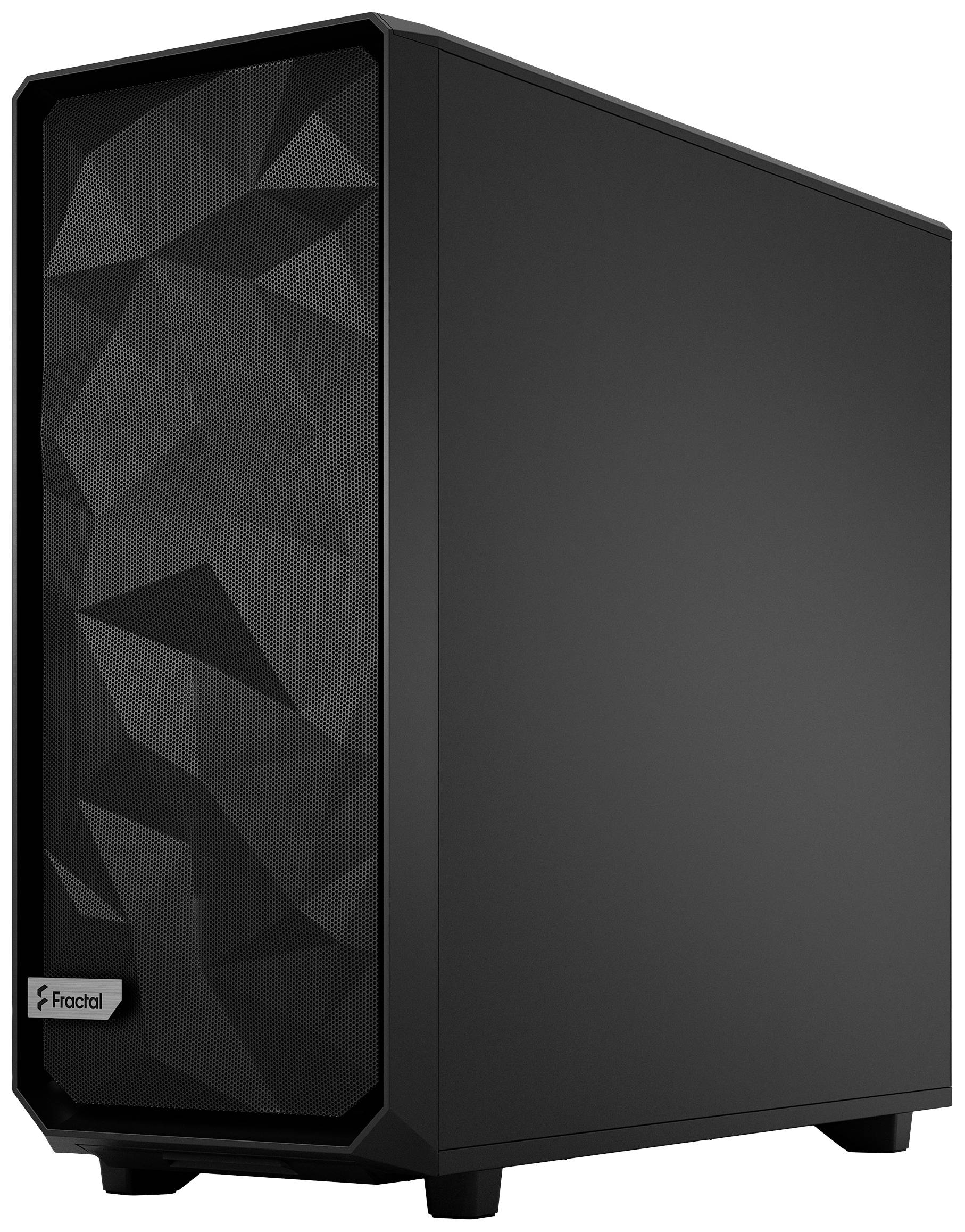 Ein schwarzes PC-Gehäuse mit geometrischem Muster auf der Front, stehend, zeigt minimalistisches Design ohne sichtbare Anschlüsse.