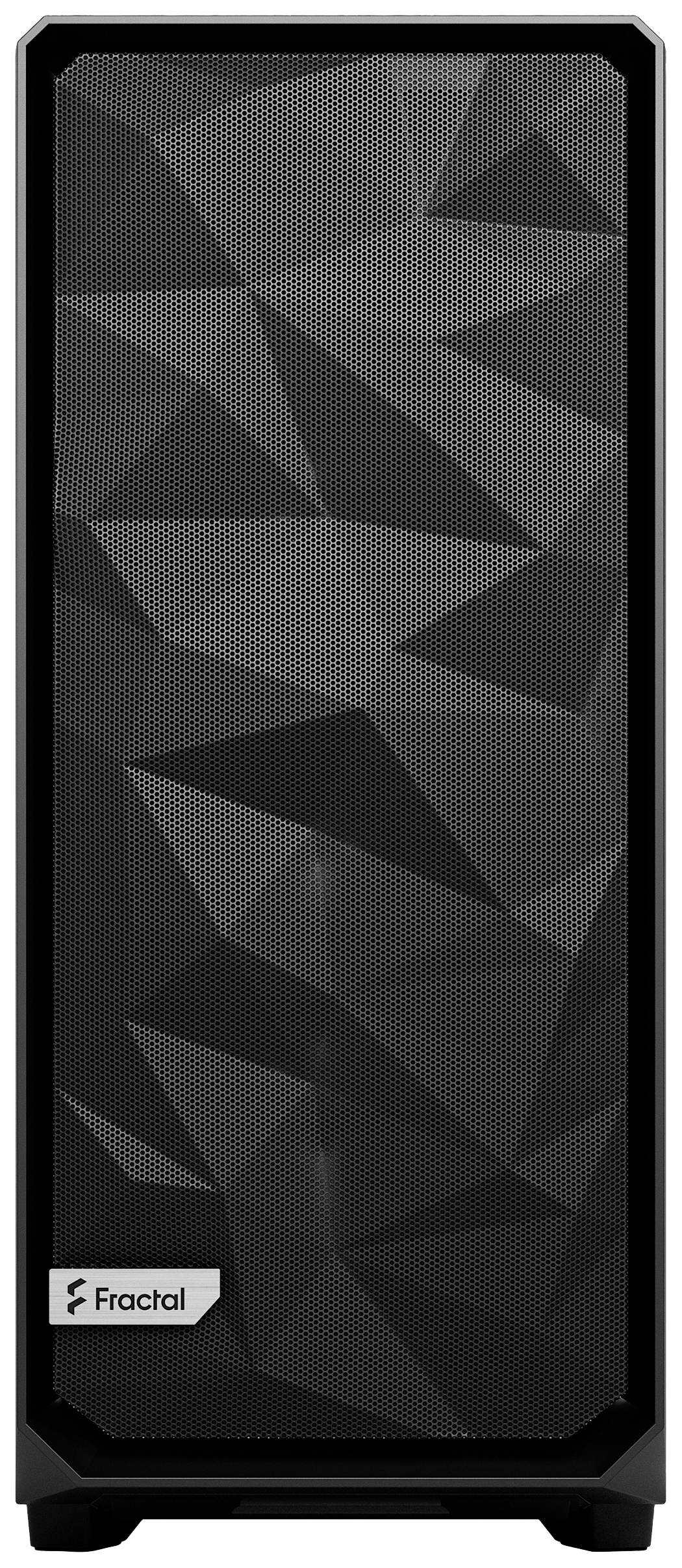 Ein Computergehäuse mit einem geometrischen Muster auf der Frontverkleidung und einem kleinen Logo unten links.