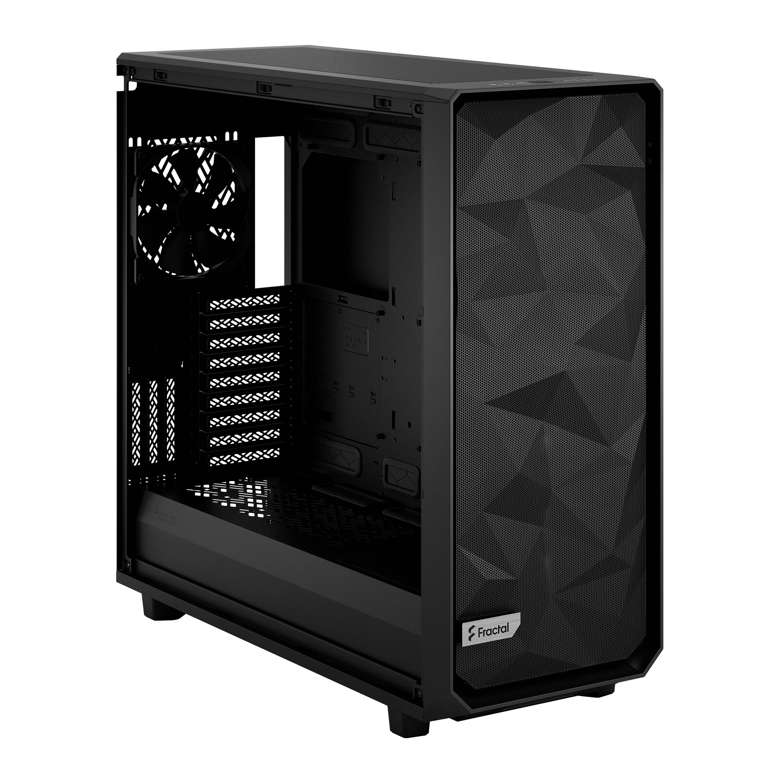 Schwarzes PC-Gehäuse mit  geometrischem Muster auf der Front; Innenraum leer mit sichtbaren Lüfter und Slots für Komponenten.