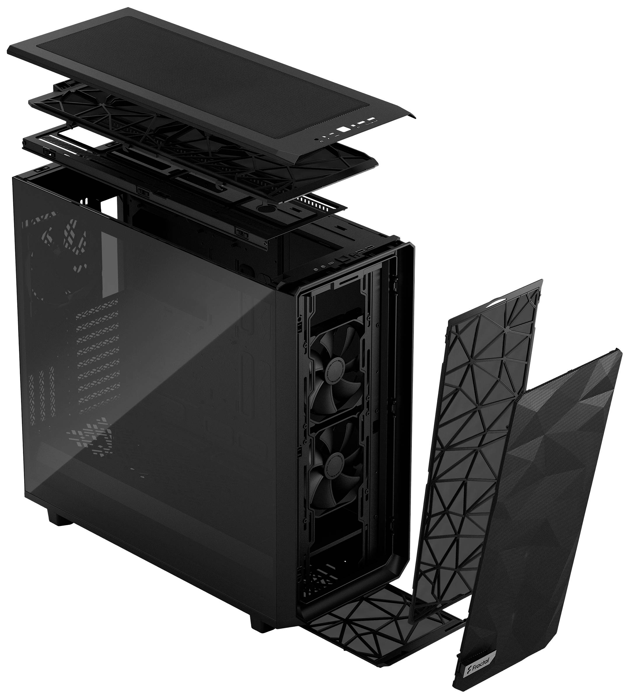 'Explodierte Ansicht eines Computergehäuses mit geöffnetem Deckel, Seiten- und Vorderteil zeigen Belüftungskomponenten und Innenraum.'