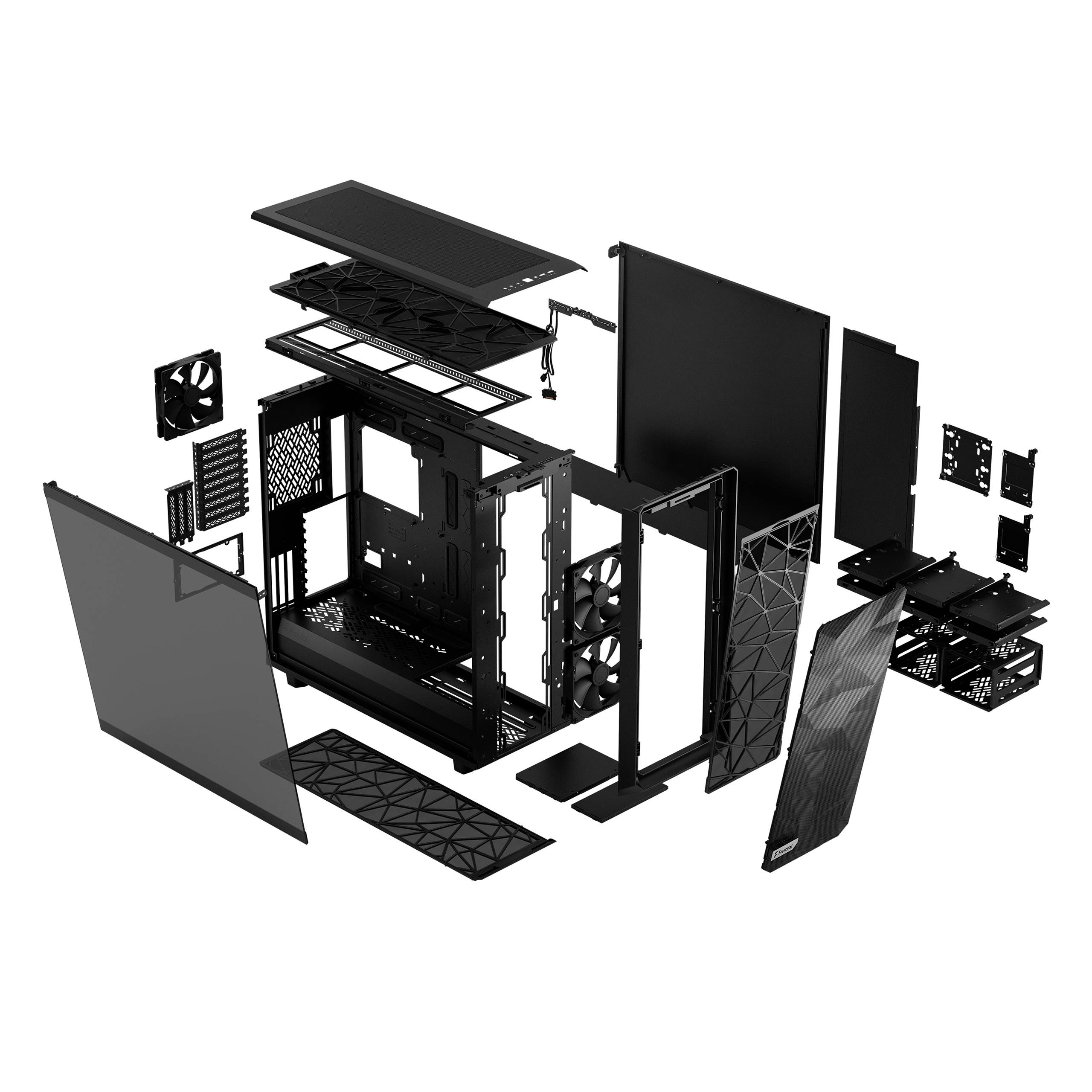 Zerlegtes Computergehäuse mit mehreren abnehmbaren Teilen wie Seitenteilen, Lüftern und Rahmen. Zeigt die interne Struktur und Komponenten.