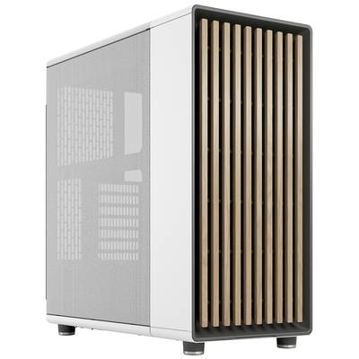 Ein weißes Computergehäuse mit seitlichem Mesh-Panel und einer Front aus vertikalen Holzlamellen steht aufrecht.
