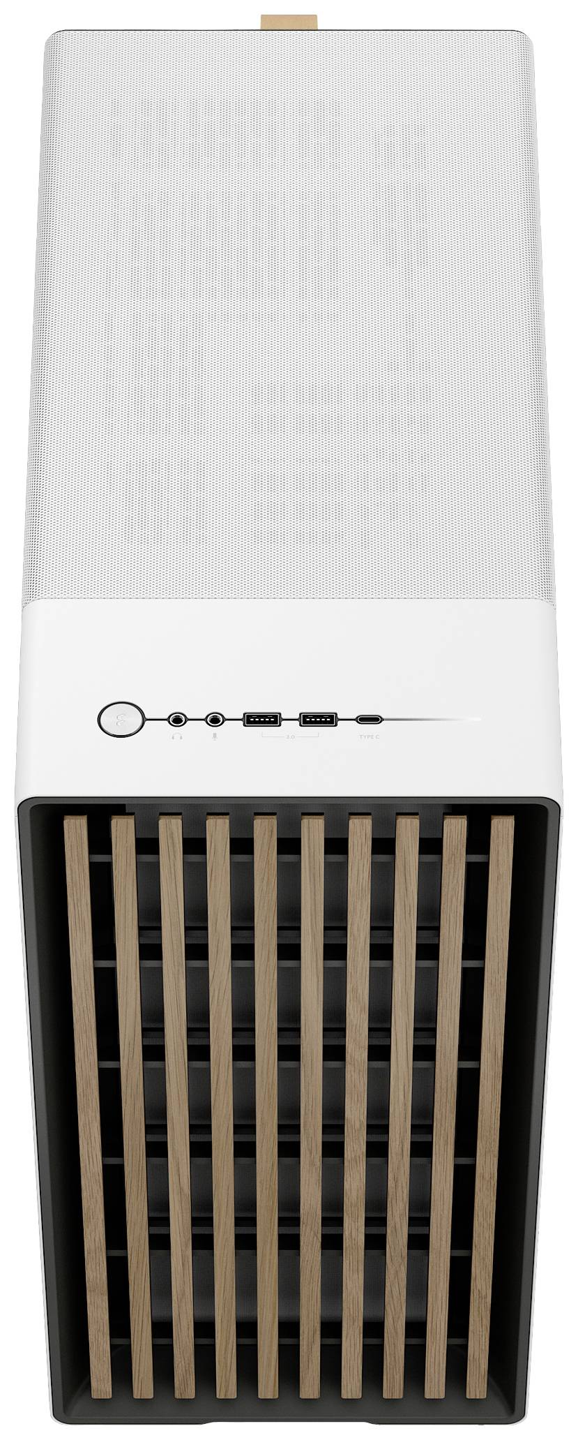 Luftreiniger mit rechteckigem Design, weißen Oberteil und Holzlamellen an der Vorderseite. Oben befinden sich Bedienknöpfe.