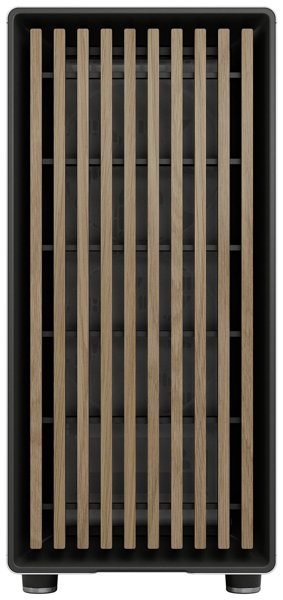 Ein hoher, rechteckiger Lautsprecher mit schwarzen Seiten und einer Front aus vertikalen, hölzernen Lamellen.