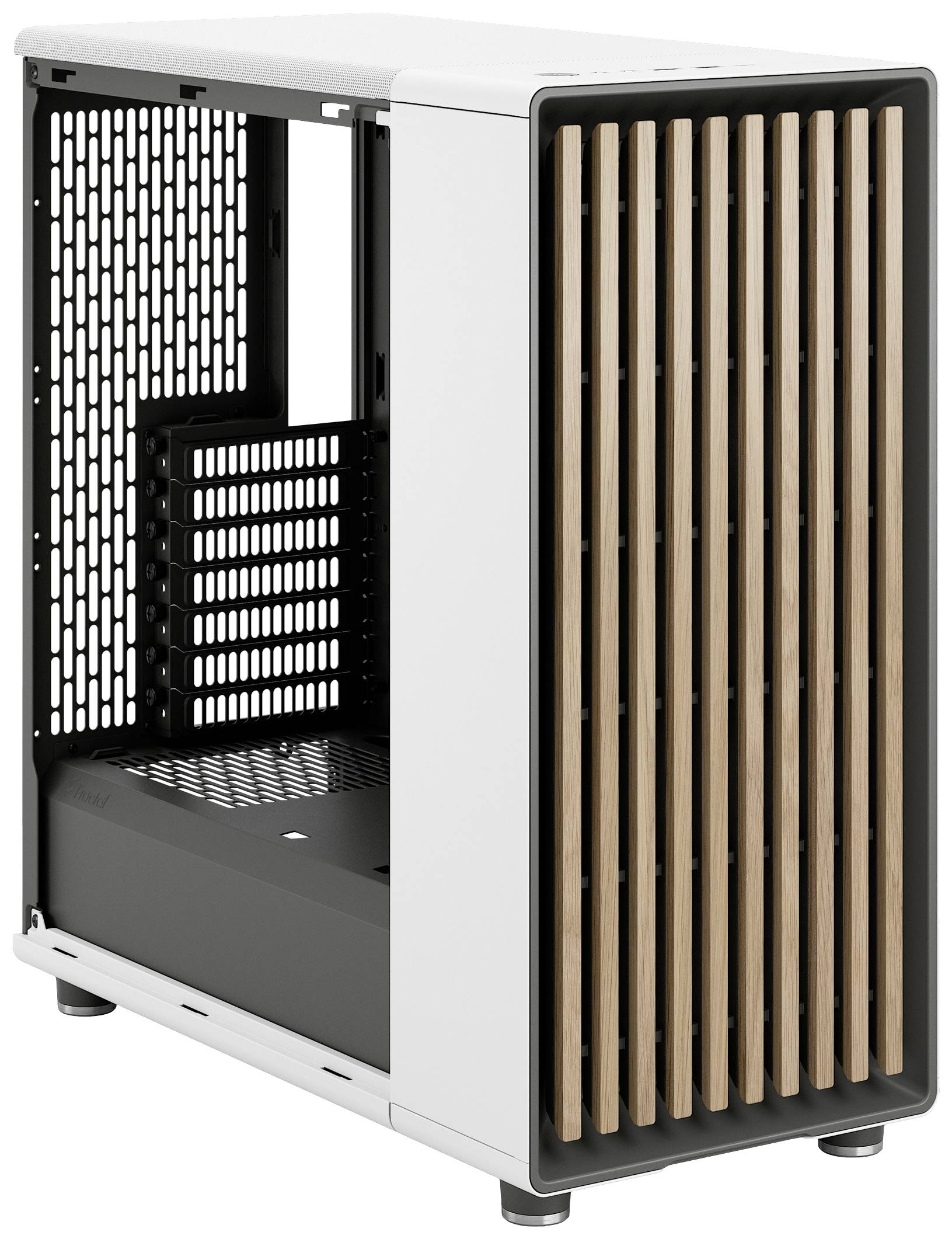 Ein weißes Computergehäuse mit offenen Seiten und Holzlatten-Front. Auf der Rückseite und Oberseite sind Belüftungsgitter sichtbar.