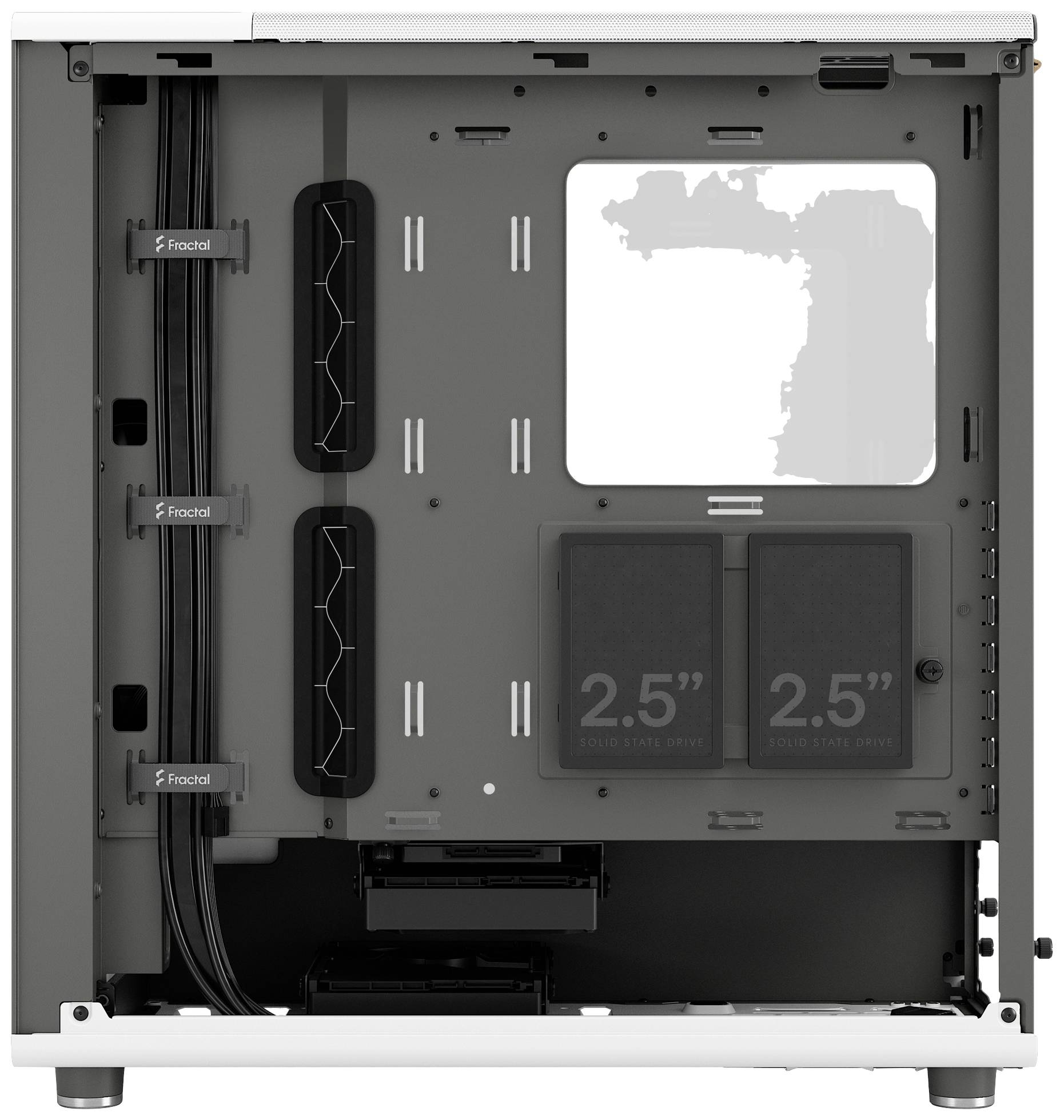 PC-Gehäuse mit offenem Inneren, zeigt Kabelmanagementkanäle und zwei 2,5-Zoll-Festplattenhalterungen.