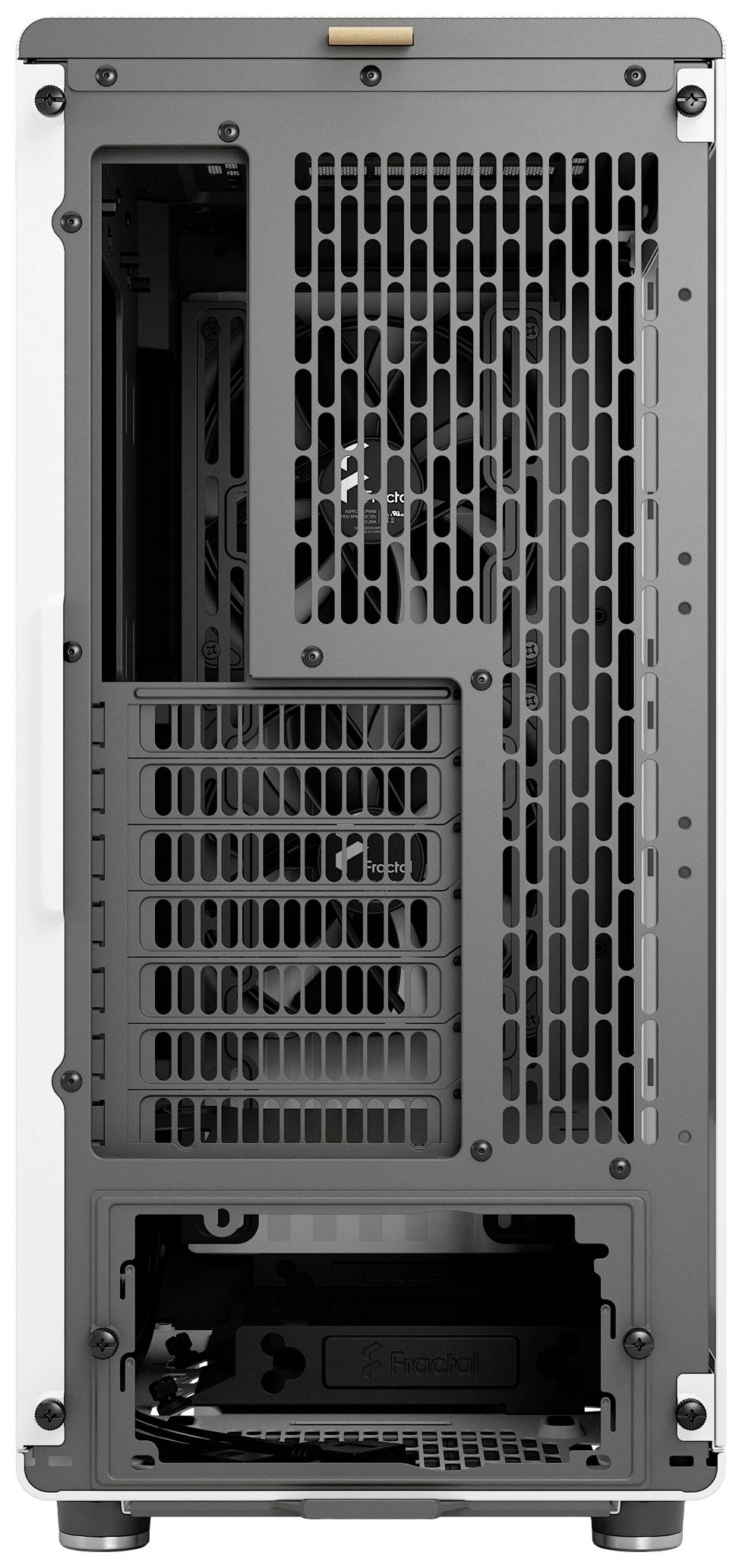 Das Bild zeigt die Rückseite eines Computergehäuses mit mehreren Lüftungsschlitzen und Slots für Erweiterungskarten und Anschlüsse.