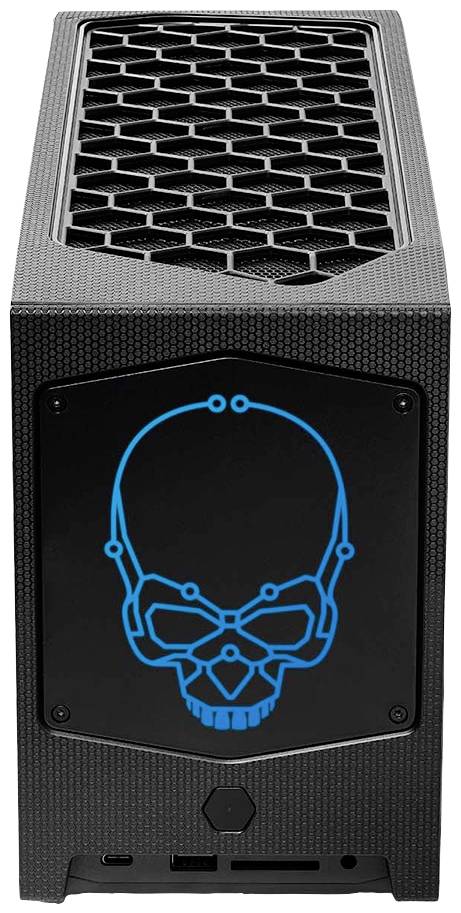 Kompakter Desktop-PC in Schwarz mit einem stilisierten blauen Totenkopf auf der Vorderseite und einem gitterförmigen Lüftungsmuster oben.