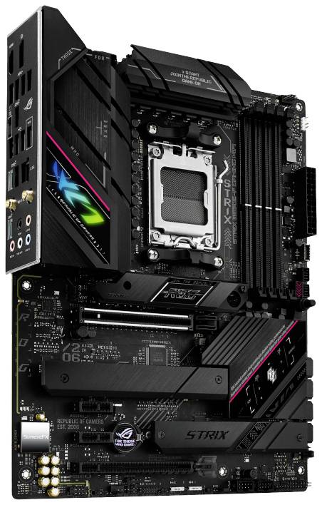 Abgebildet ist ein schwarzes Computer-Mainboard mit mehreren Steckplätzen und farbigen LED-Leuchten, geeignet für Gaming-PCs.