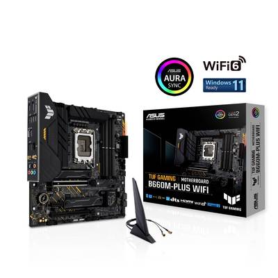Motherboard ASUS TUF Gaming B660M-PLUS WIFI D4 mit WiFi 6, AURA Sync, Windows 11-Kompatibilität; enthält Antenne und Verpackung.