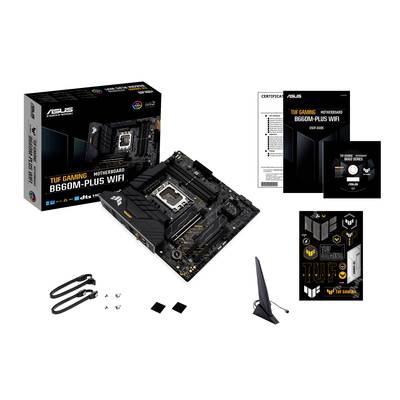 'ASUS TUF Gaming B660M-PLUS WIFI' Motherboard, Verpackung, Manuals, Antenne, Zubehör und Kabel sind abgebildet. Ideal für Gaming-PCs.