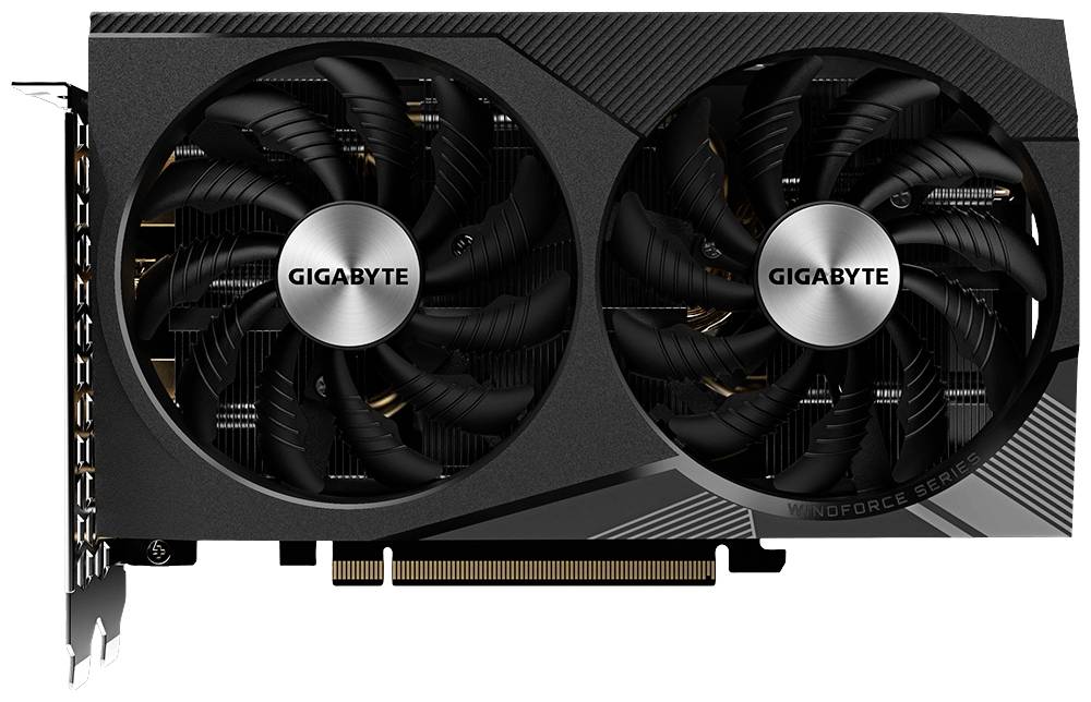 Eine schwarze Gigabyte-Grafikkarte mit zwei großen Lüftern und mehreren Anschlüssen auf der linken Seite.