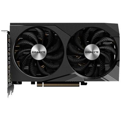Eine schwarze Gigabyte-Grafikkarte mit zwei großen Lüftern und mehreren Anschlüssen auf der linken Seite.