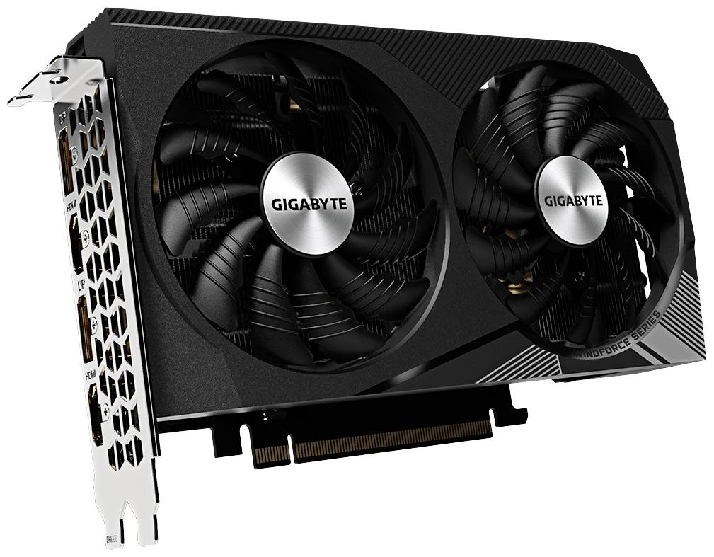 Grafikkarte von Gigabyte mit zwei Lüftern und mehreren Anschlüssen an der Seite.