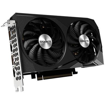 Grafikkarte von Gigabyte mit zwei Lüftern und mehreren Anschlüssen an der Seite.