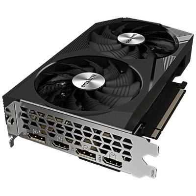 Eine schwarze Grafikkarte mit zwei Lüftern und mehreren Anschlüssen an der Seite, darunter HDMI und DisplayPort.