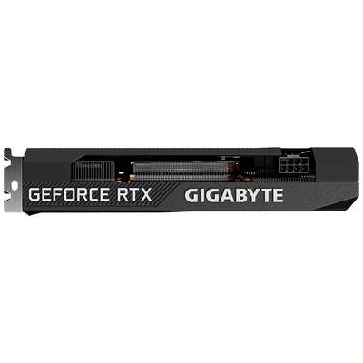 Eine Grafikkarte mit der Aufschrift 'GeForce RTX GIGABYTE', zeigt die Seitenansicht der Karte mit sichtbaren Lüftern und Stromanschlüssen.