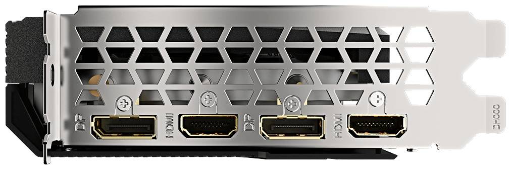 Eine Grafikkarte-Rückplatte mit drei Displayausgängen: zweimal HDMI, einmal DisplayPort. Das Design ist gitterartig für bessere Belüftung.