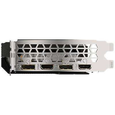 Eine Grafikkarte-Rückplatte mit drei Displayausgängen: zweimal HDMI, einmal DisplayPort. Das Design ist gitterartig für bessere Belüftung.