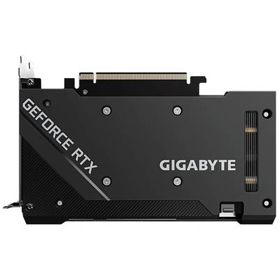 'Grafikkarte mit Aufschrift GeForce RTX und Gigabyte. Rückansicht mit Lüfterschlitzen und Steckverbinder oben.'