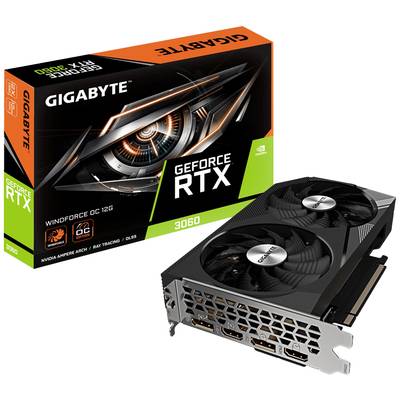 Eine schwarze Grafikkarte von Gigabyte, Modell GeForce RTX 3060, liegt vor ihrer orange-schwarz-grünen Verpackung.