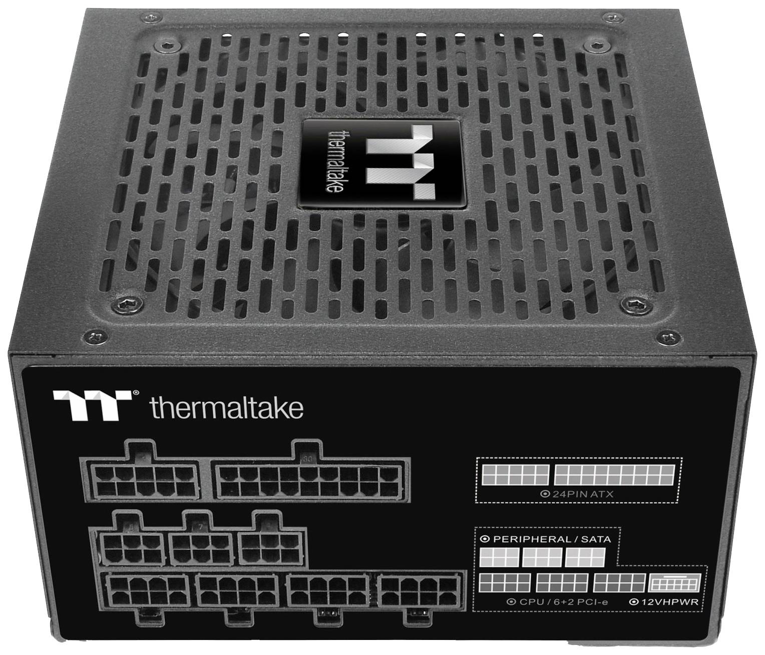 Schwarzes Computer-Netzteil von Thermaltake mit mehreren Anschlusssteckern und Lüftungsschlitzen oben sichtbar.