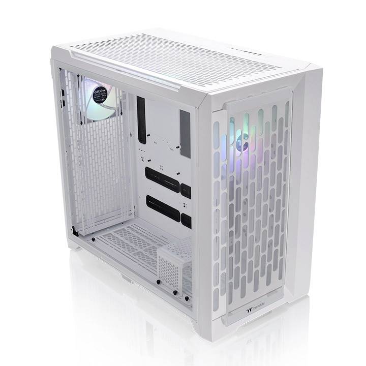 Weißes Computergehäuse mit transparenten Seitenteilen, zwei RGB-Lüftern, belüftetem Design, geeignet zur individuellen PC-Konfiguration.