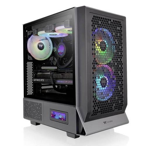 Ein moderner Desktop-PC mit leuchtenden RGB-Lüftern im Gehäuse. Sichtbare Komponenten sind eine Grafikkarte und ein Netzteil.