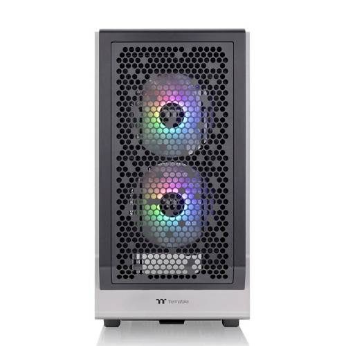 Ein Computergehäuse mit zwei sichtbaren Lüftern an der Vorderseite, die in Regenbogenfarben leuchten.