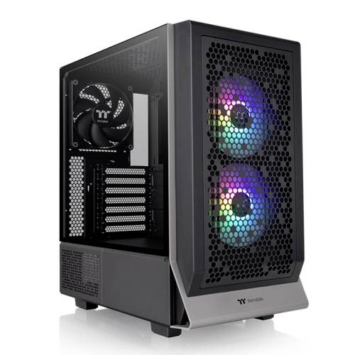 Schwarzes Computergehäuse mit zwei leuchtenden RGB-Lüftern vorne, transparent an der Seite mit Blick auf die Hardware im Inneren.