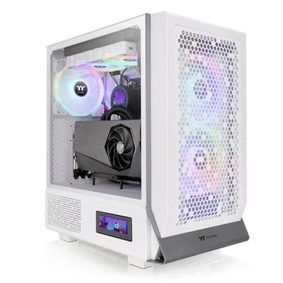 'Weiße Gaming-PC-Gehäuse mit RGB-Beleuchtung und mehreren Lüftern, die durch ein Seitenfenster sichtbar sind.'