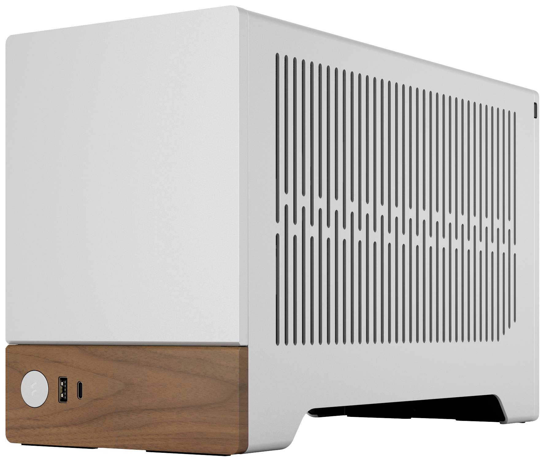 Kleines Computergehäuse in Weiß mit Holzdetails an der Unterkante und Lüftungsschlitzen an der Seite.