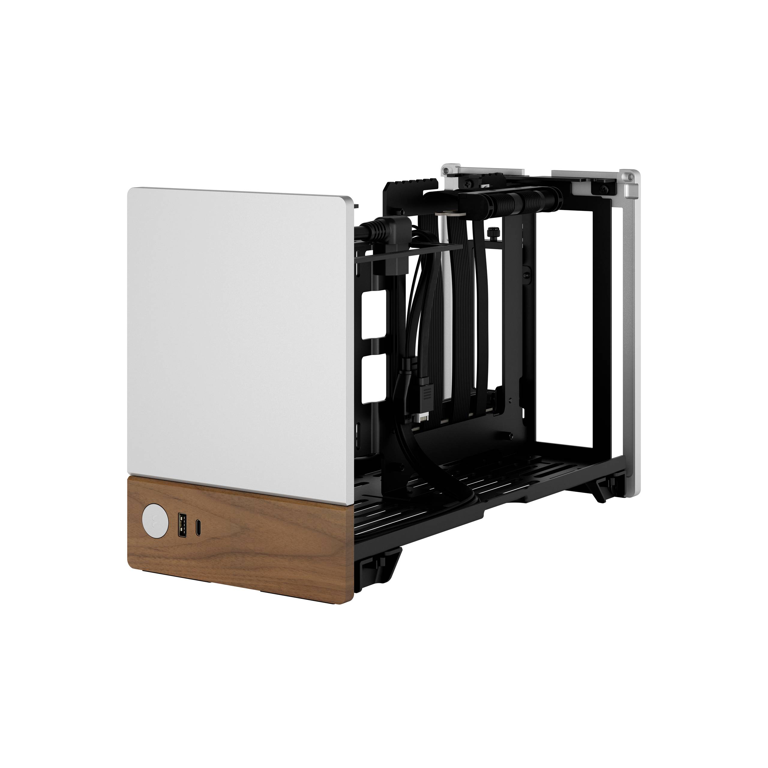 Gaming-PC-Gehäuse mit offenem Rahmen, weißem Frontpanel und Holzunterseite. Bietet gute Belüftung und Sichtbarkeit der Komponenten.