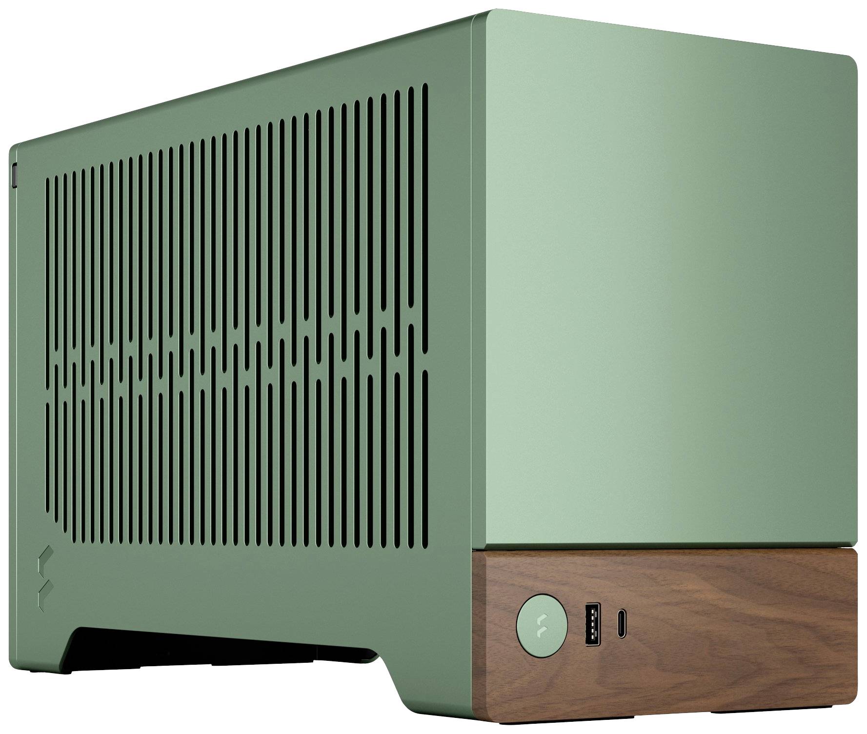 Ein grünes, rechteckiges Computergehäuse mit seitlichen Lüftungsschlitzen und Holzakzent am unteren Rand. USB-Anschluss vorne sichtbar.