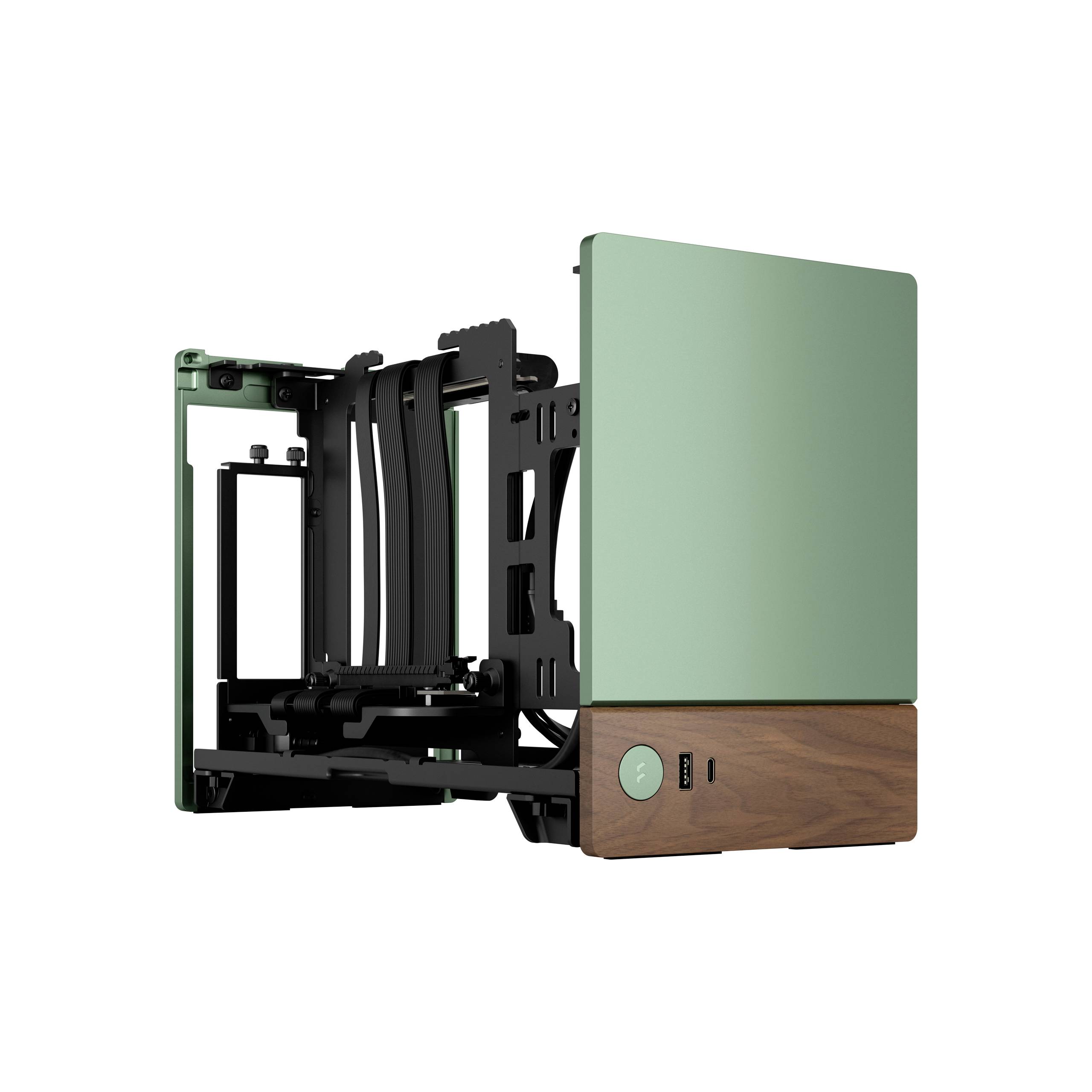 Ein offenes Computergehäuse mit grünem Panel und Holzelementen, zeigt den Innenrahmen und Anschlüsse an der Vorderseite.