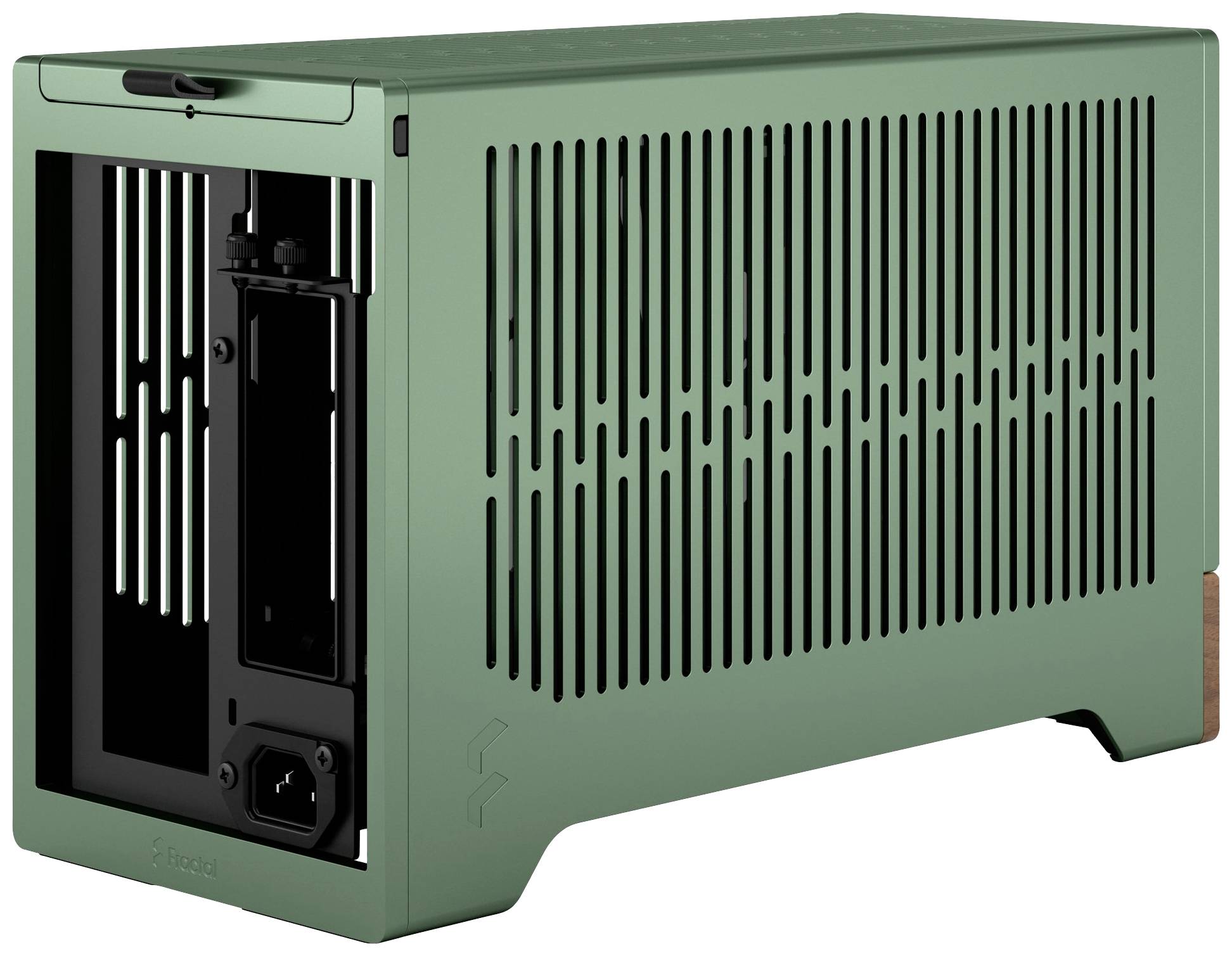 Ein grünes PC-Gehäuse mit belüfteten Seitenwänden und einem offenen Blick auf den Innenraum für einfache Hardware-Installation.