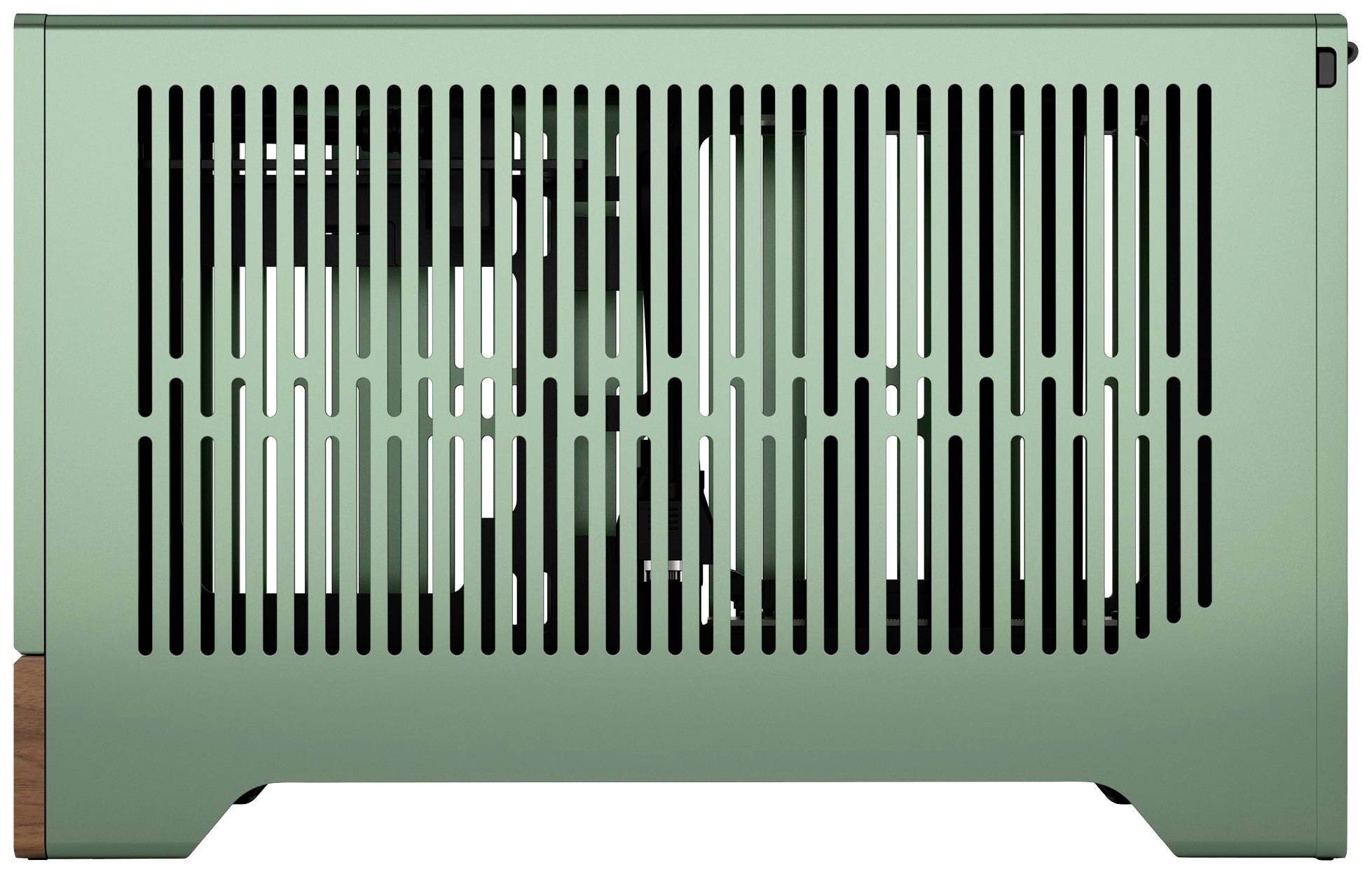 Eine mintgrüne Metallbox mit vertikalen Schlitzen und einem Holzelement unten links.