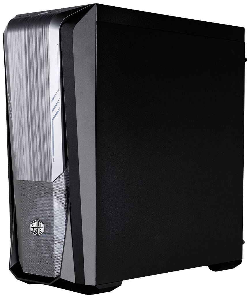 Schwarzes Computergehäuse mit sichtbarem Lüfter und Cooler Master-Logo. Design mit glatter Front und seitlichen Lüftungsschlitzen.