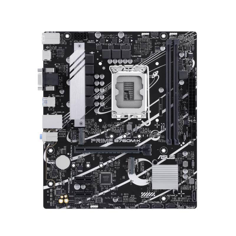 Eine schwarze Computer-Mainboard-Platine mit verschiedenen Anschlüssen und Komponenten auf einer weißen Oberfläche.