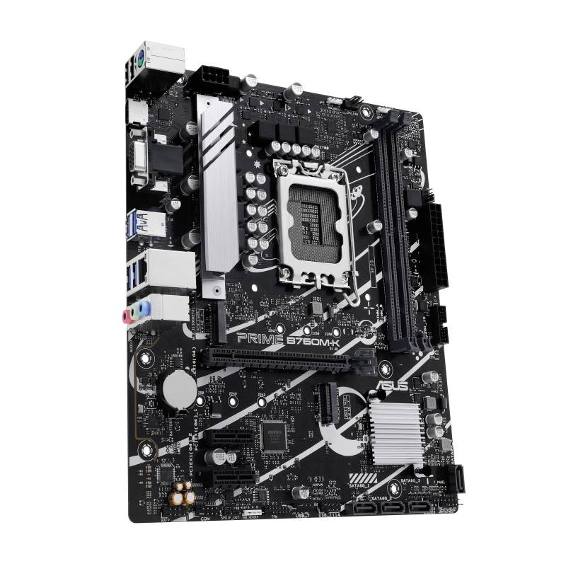 Ein ASUS-Motherboard mit PCIe-Steckplätzen, RAM-Slots und CPU-Sockel, geeignet für Computerbau und Hardware-Upgrades.