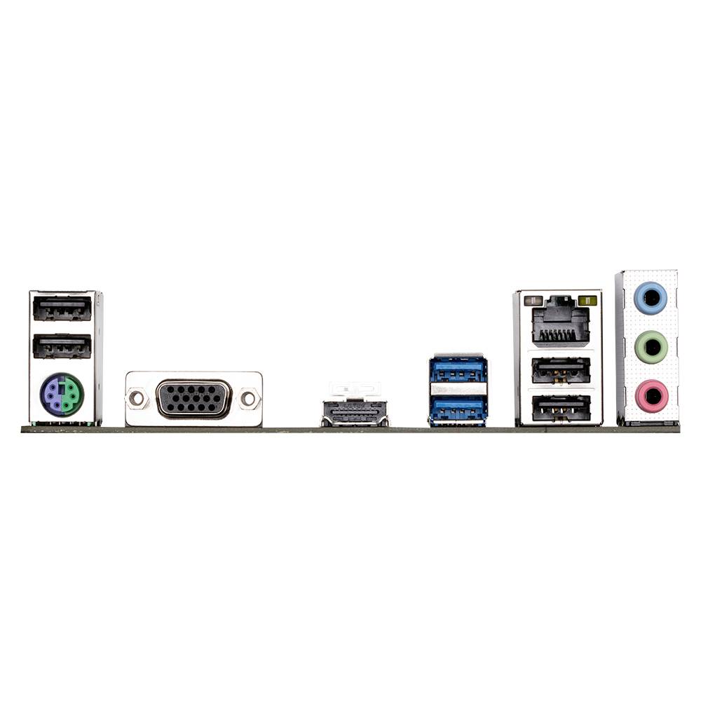 Anschlüsse einer Computer-Hauptplatine: USB, PS/2, VGA, HDMI, Ethernet und Audio.