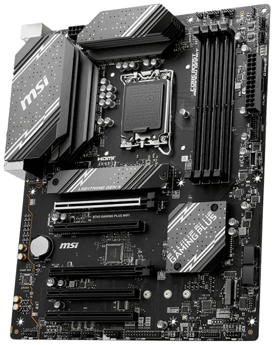 Mainboard von MSI mit mehreren PCIe-Steckplätzen, RAM-Sockeln und Kühlkörpern, geeignet für Gaming-Computer.